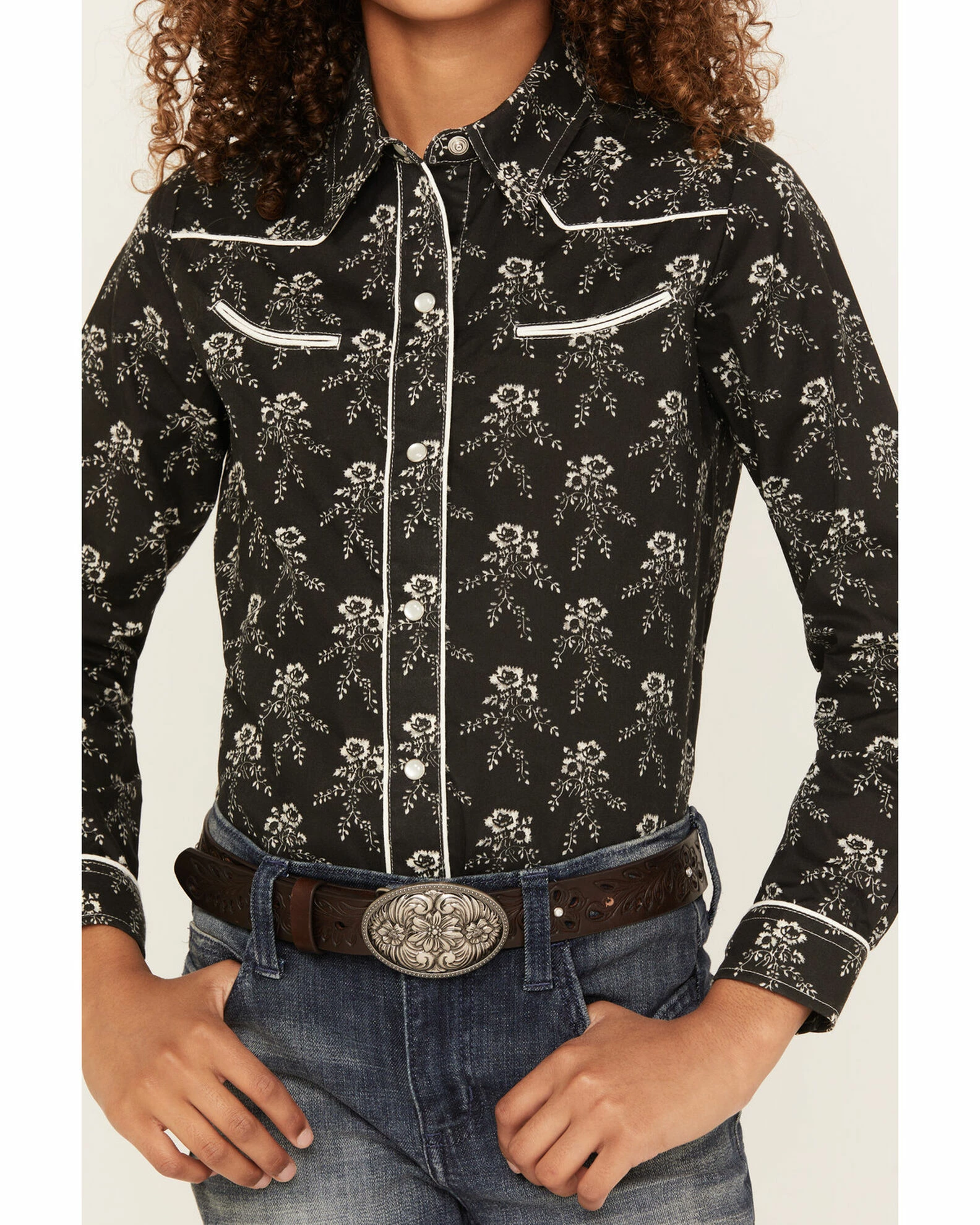 Roper Girls' Black & Cream Floral Print Long Sleeve Snap Shirt 5 Roper Girls' Black & Cream Floral Print Long Sleeve Snap Shirt - Image 3