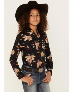 Roper Karman Girls' Cowboy Print Long Sleeve Western Snap Shirt Black -Roper Shop 2000379168 001 P1 1