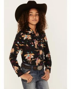 Roper Karman Girls' Cowboy Print Long Sleeve Western Snap Shirt Black