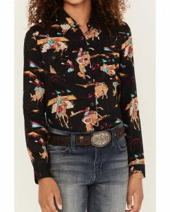 Roper Karman Girls' Cowboy Print Long Sleeve Western Snap Shirt Black -Roper Shop 2000379168 001 P3