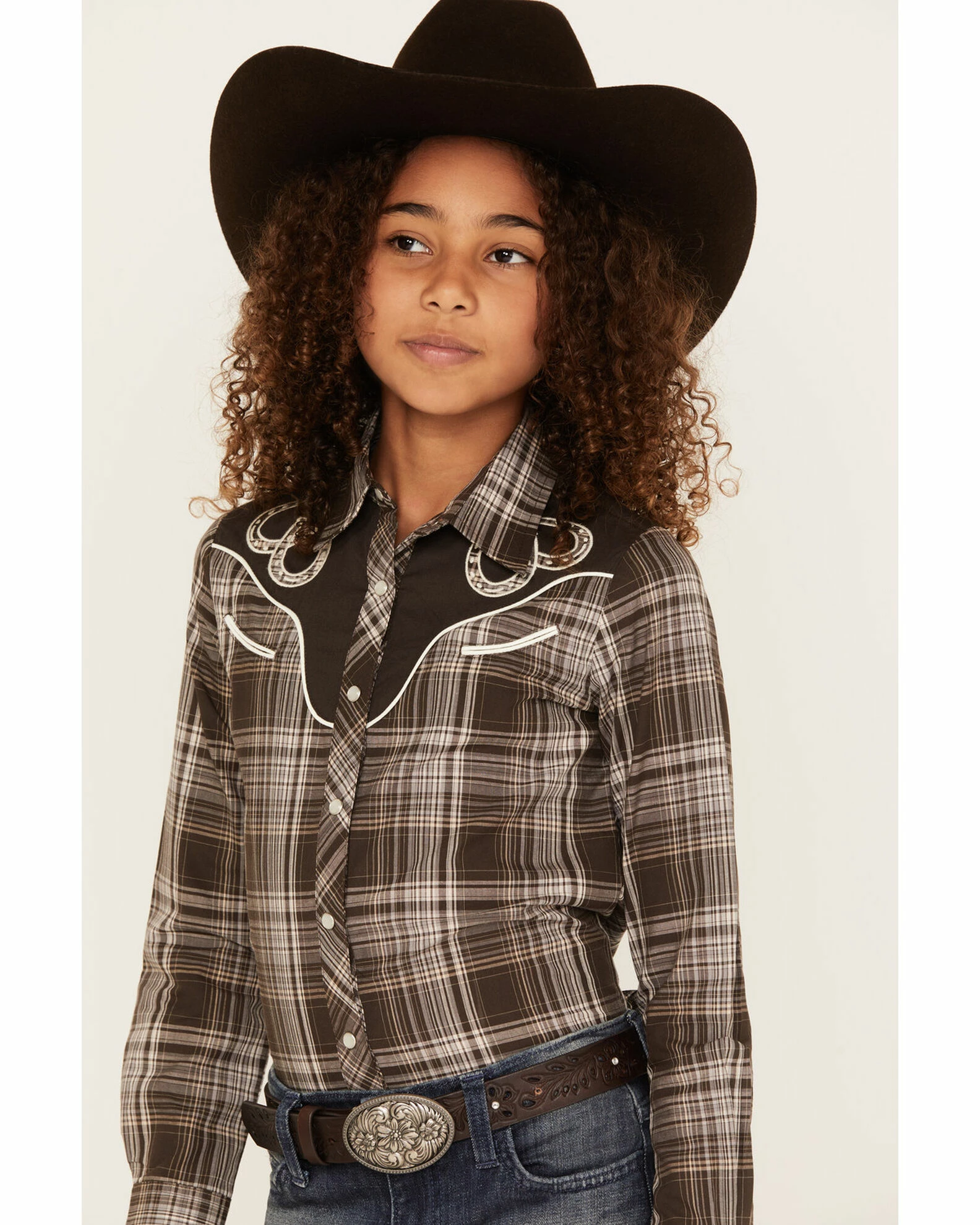 Roper Girls' Horseshoe Plaid Print Long Sleeve Snap Western Shirt Brown 4 Roper Girls' Horseshoe Plaid Print Long Sleeve Snap Western Shirt Brown - Image 2