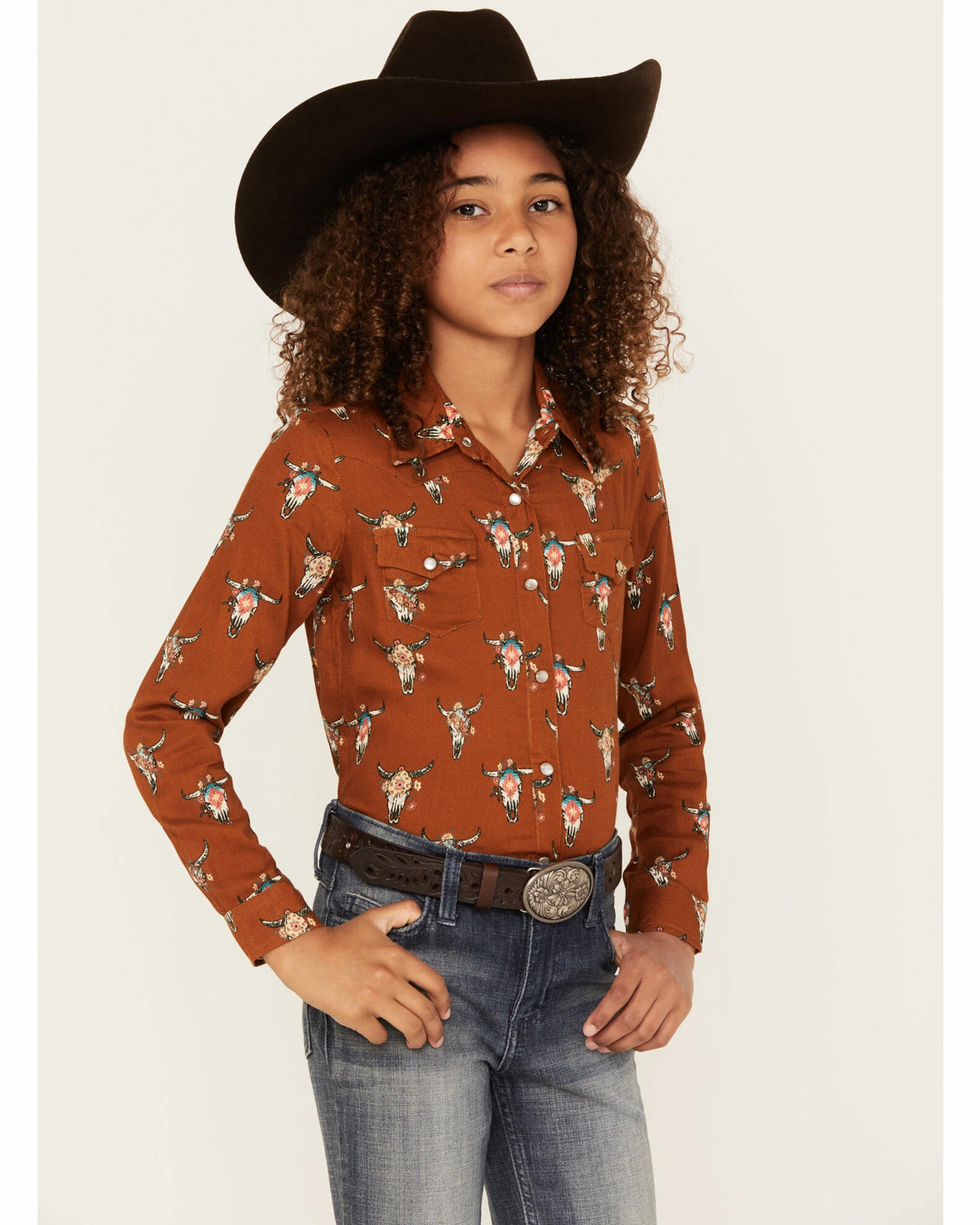Roper Girls' Steer Head Skull Print Long Sleeve Snap Western Shirt Brown 3 Roper Girls' Steer Head Skull Print Long Sleeve Snap Western Shirt Brown