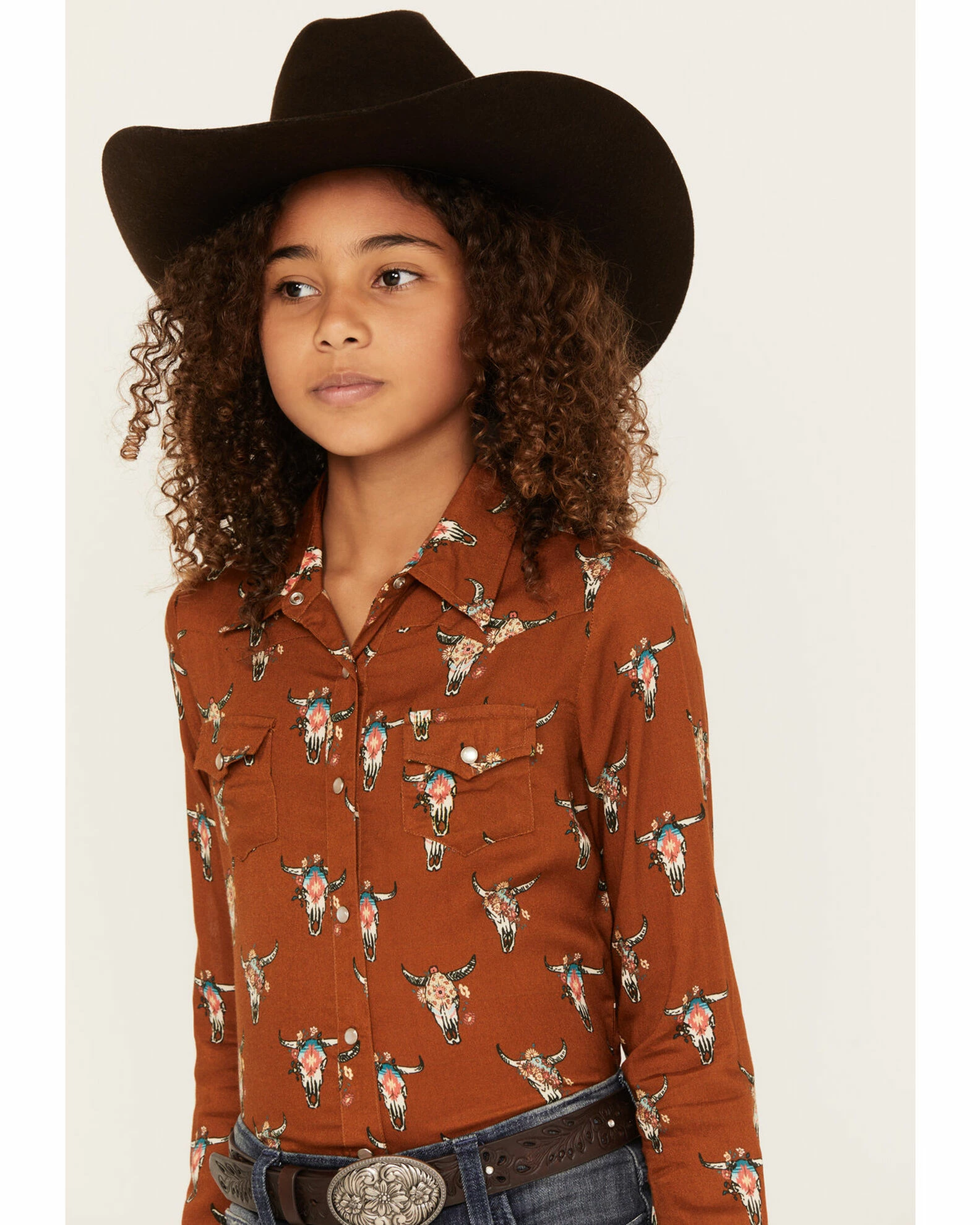Roper Girls' Steer Head Skull Print Long Sleeve Snap Western Shirt Brown 4 Roper Girls' Steer Head Skull Print Long Sleeve Snap Western Shirt Brown - Image 2