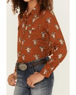 Roper Girls' Steer Head Skull Print Long Sleeve Snap Western Shirt Brown 9 Roper Girls' Steer Head Skull Print Long Sleeve Snap Western Shirt Brown -Roper Shop 2000379172 200 P3