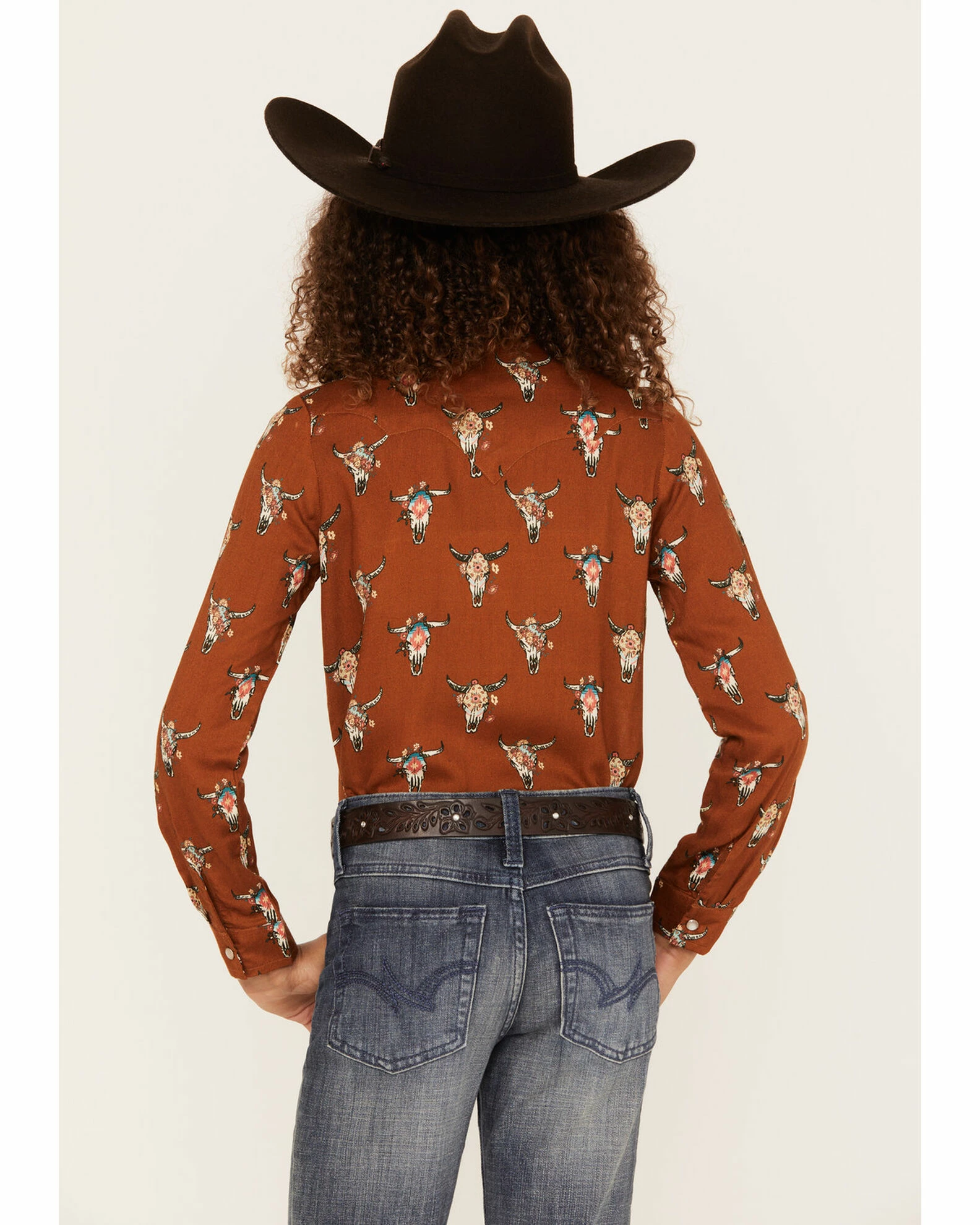 Roper Girls' Steer Head Skull Print Long Sleeve Snap Western Shirt Brown 6 Roper Girls' Steer Head Skull Print Long Sleeve Snap Western Shirt Brown - Image 4