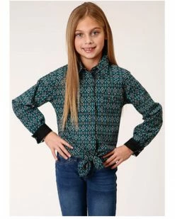 Roper Girls' Geo Print Long Sleeve Snap Western Shirt Teal -Roper Shop 2000379173 442 P1 1