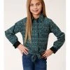 Roper Girls' Geo Print Long Sleeve Snap Western Shirt Teal 2 Roper Girls' Geo Print Long Sleeve Snap Western Shirt Teal -Roper Shop 2000379173 442 P1