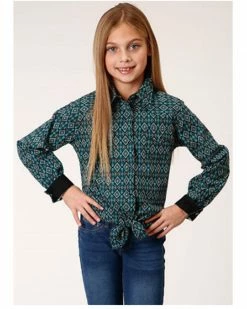 Roper Girls' Geo Print Long Sleeve Snap Western Shirt Teal