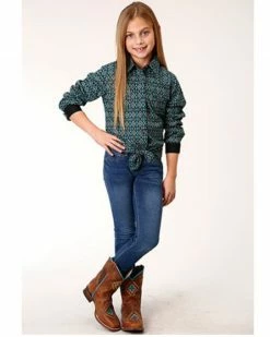 Roper Girls' Geo Print Long Sleeve Snap Western Shirt Teal -Roper Shop 2000379173 442 P3