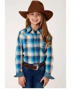 Roper Girls' Plaid Print Long Sleeve Snap Western Shirt Blue