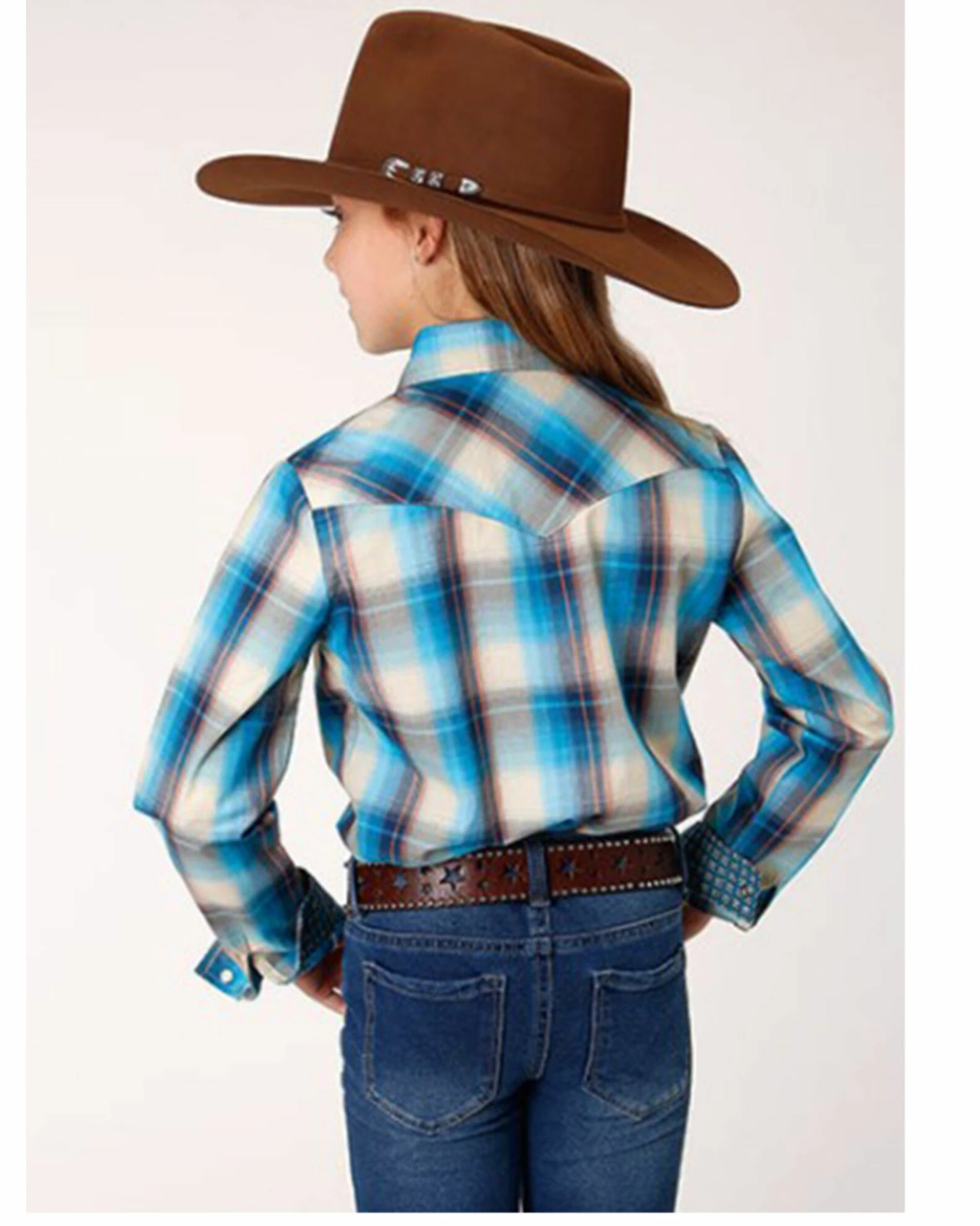 Roper Girls' Plaid Print Long Sleeve Snap Western Shirt Blue 4 Roper Girls' Plaid Print Long Sleeve Snap Western Shirt Blue - Image 2