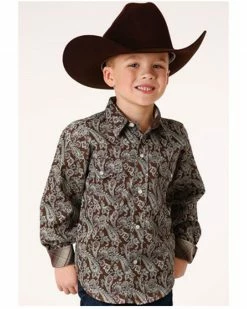 Roper Boys' Paisley Print Long Sleeve Snap Western Shirt Brown
