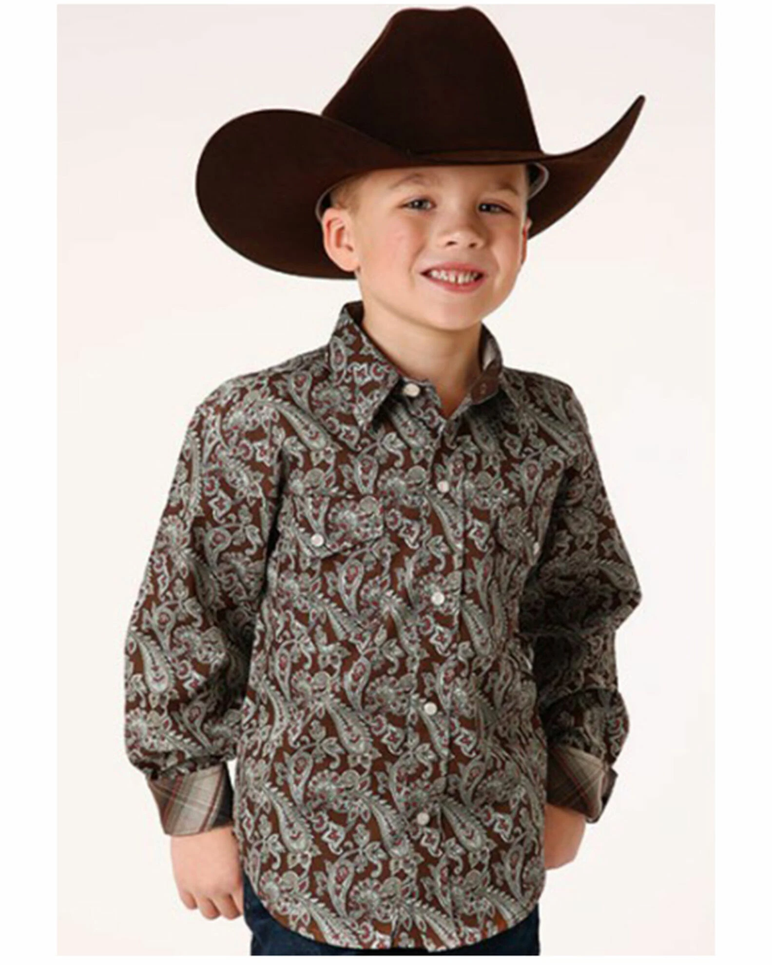 Roper Boys' Paisley Print Long Sleeve Snap Western Shirt Brown 3 Roper Boys' Paisley Print Long Sleeve Snap Western Shirt Brown
