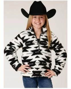 Roper Girls' Southwestern Print Sherpa Quarter-Zip Sweater Black