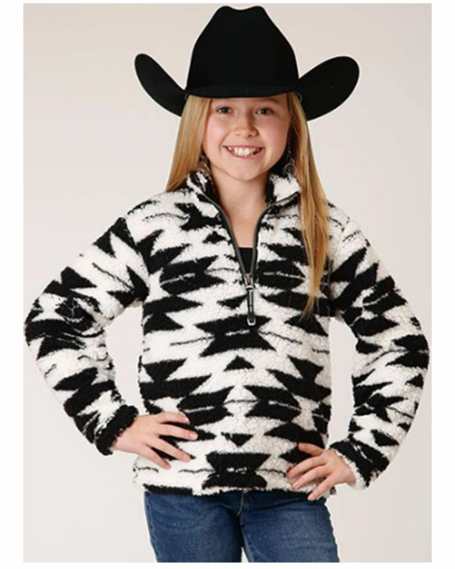 Roper Girls' Southwestern Print Sherpa Quarter-Zip Sweater Black 2 Roper Girls' Southwestern Print Sherpa Quarter-Zip Sweater Black