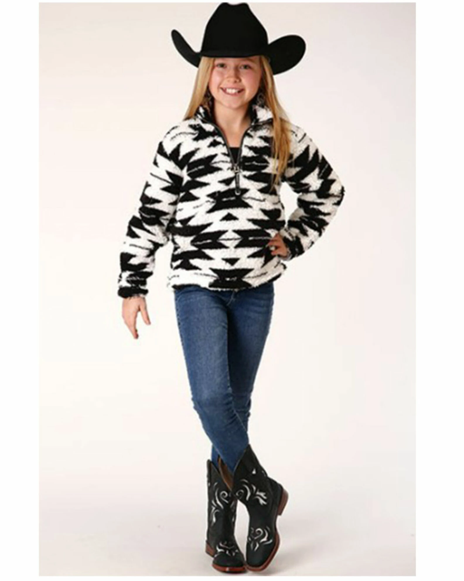 Roper Girls' Southwestern Print Sherpa Quarter-Zip Sweater Black 4 Roper Girls' Southwestern Print Sherpa Quarter-Zip Sweater Black - Image 3
