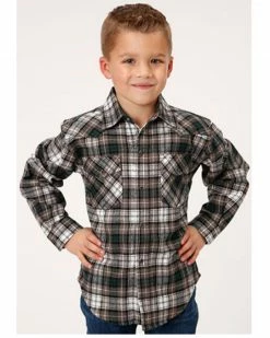 Roper Boys' Plaid Print Long Sleeve Snap Western Flannel Shirt Brown