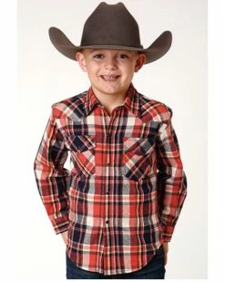 Roper Boys' Plaid Print Long Sleeve Snap Western Flannel Shirt Brown -Roper Shop 2000379349 600 P1