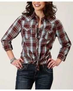Roper Women's Plaid Print Long Sleeve Snap Western Shirt Wine