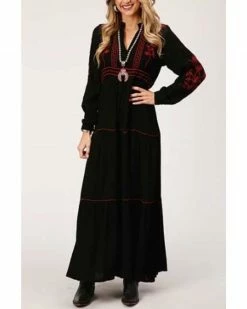 Roper Shop 17 Roper Women's Long Sleeve Peasant Embroidered Tier Dress Black