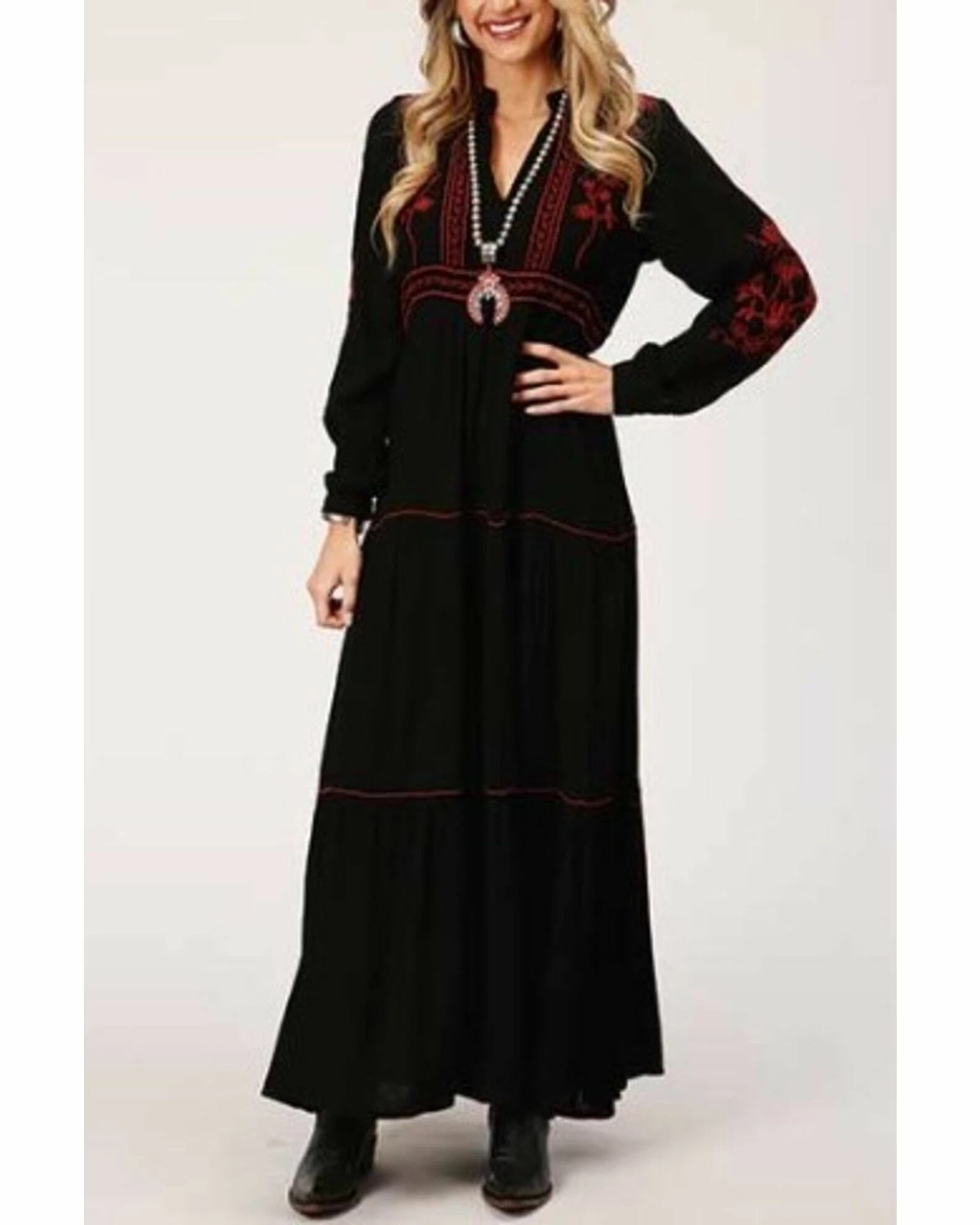 Roper Women's Long Sleeve Peasant Embroidered Tier Dress Black 3 Roper Women's Long Sleeve Peasant Embroidered Tier Dress Black