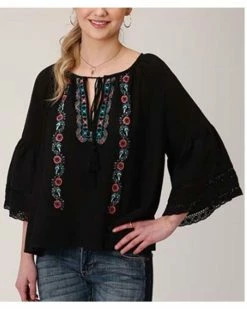 Roper Women's Bell Sleeve Embroidered Peasant Blouse Black
