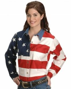 Roper Women's Long Sleeve American Flag Shirt - Plus White
