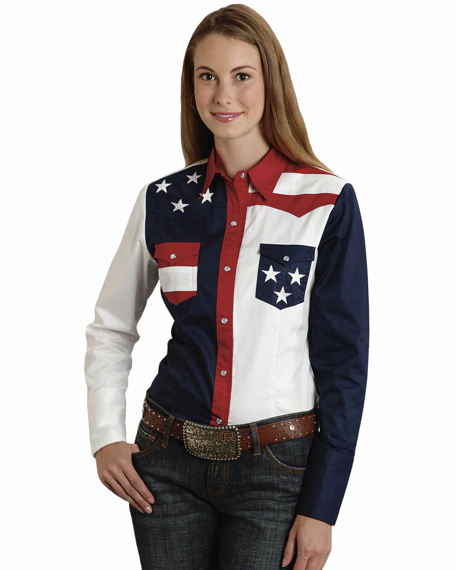 Roper Women's Stars & Stripes Colorblock Western Shirt Patriotic 3 Roper Women's Stars & Stripes Colorblock Western Shirt Patriotic